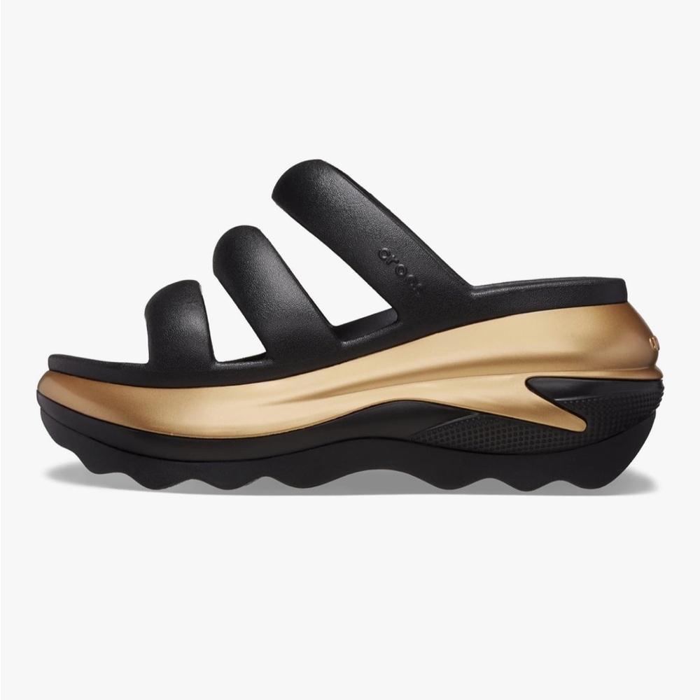 CROCS Mega Crush Black Gold Triple Strap Platform Sandal Women's Size 8 NWOB - Picture 2 of 5